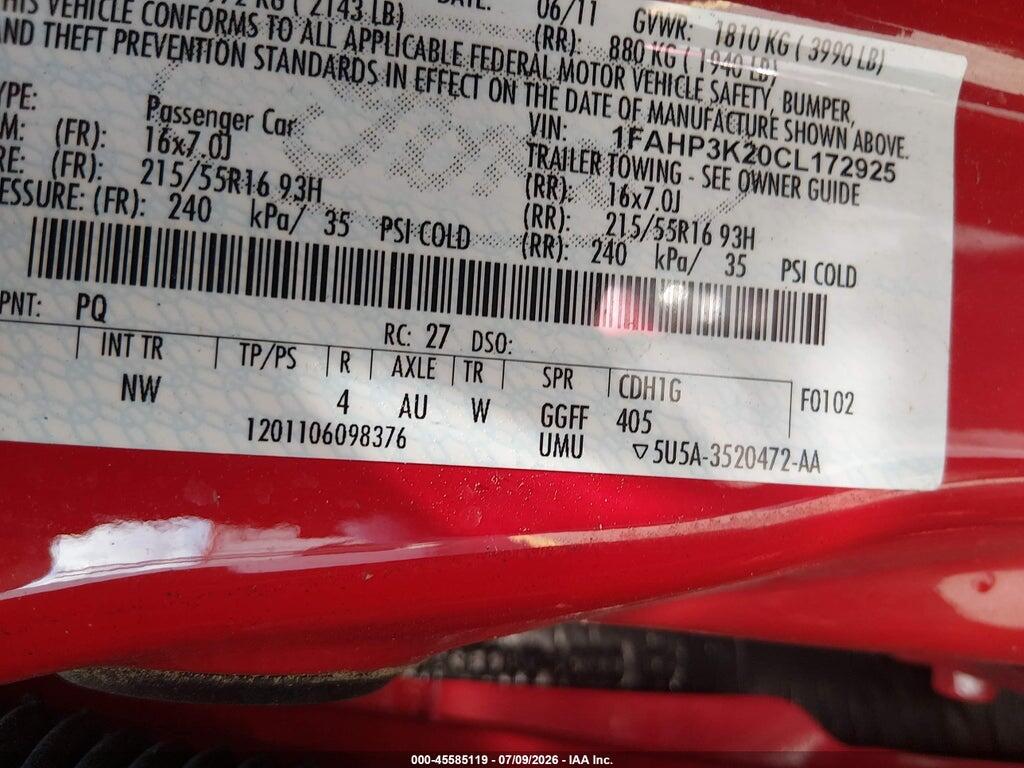 1FAHP3K20CL172925 2012 FORD FOCUS photo no. 9