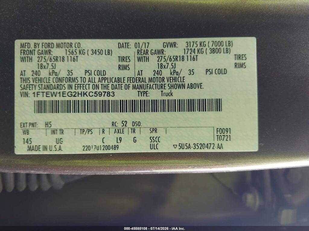 1FTEW1EG2HKC59783 2017 FORD F-150 photo no. 9