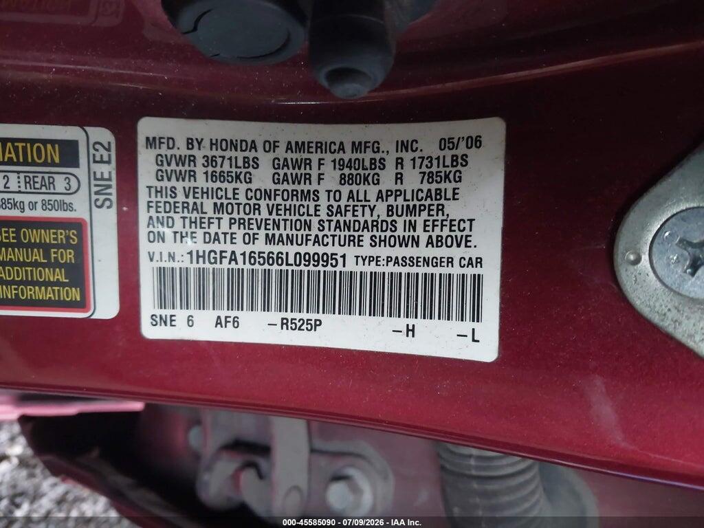 1HGFA16566L099951 2006 HONDA CIVIC photo no. 9