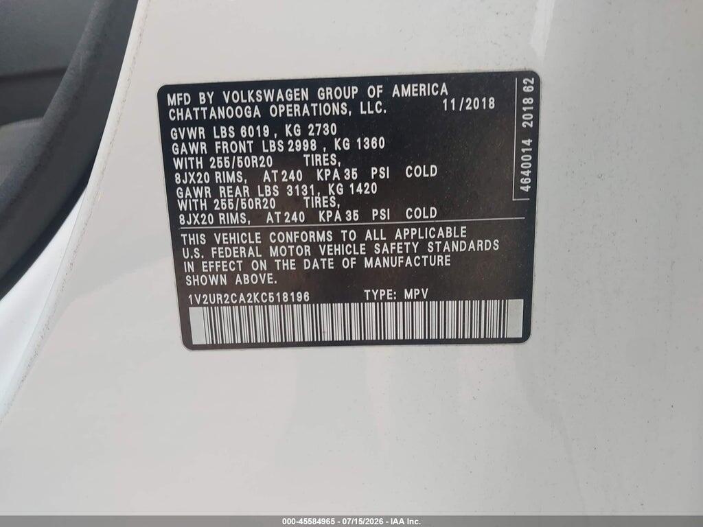 1V2UR2CA2KC518196 2019 VOLKSWAGEN ATLAS photo no. 9