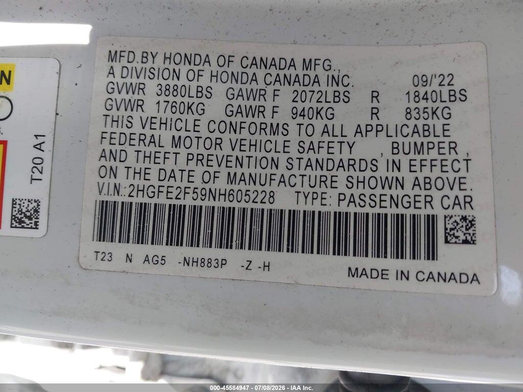 2HGFE2F59NH605228 2022 HONDA CIVIC photo no. 9