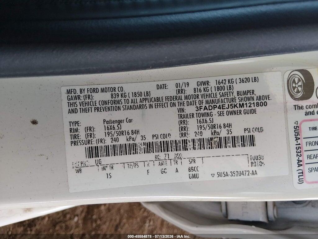 3FADP4EJ5KM121800 2019 FORD FIESTA photo no. 9