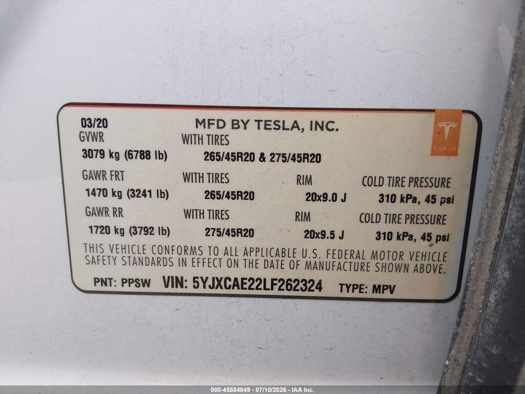 5YJXCAE22LF262324 2020 TESLA MODEL X photo no. 9