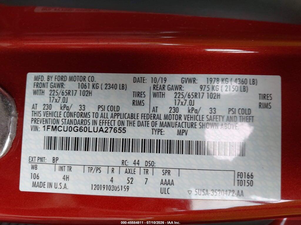 1FMCU0G60LUA27655 2020 FORD ESCAPE photo no. 9