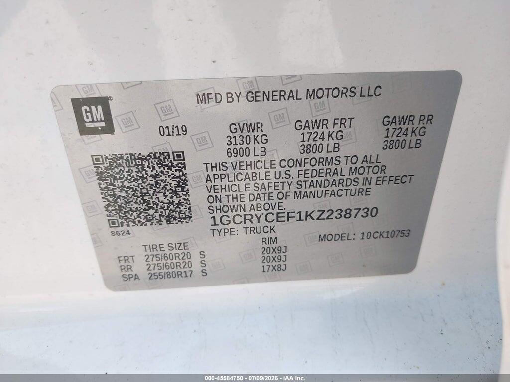 1GCRYCEF1KZ238730 2019 CHEVROLET SILVERADO 1500 photo no. 9