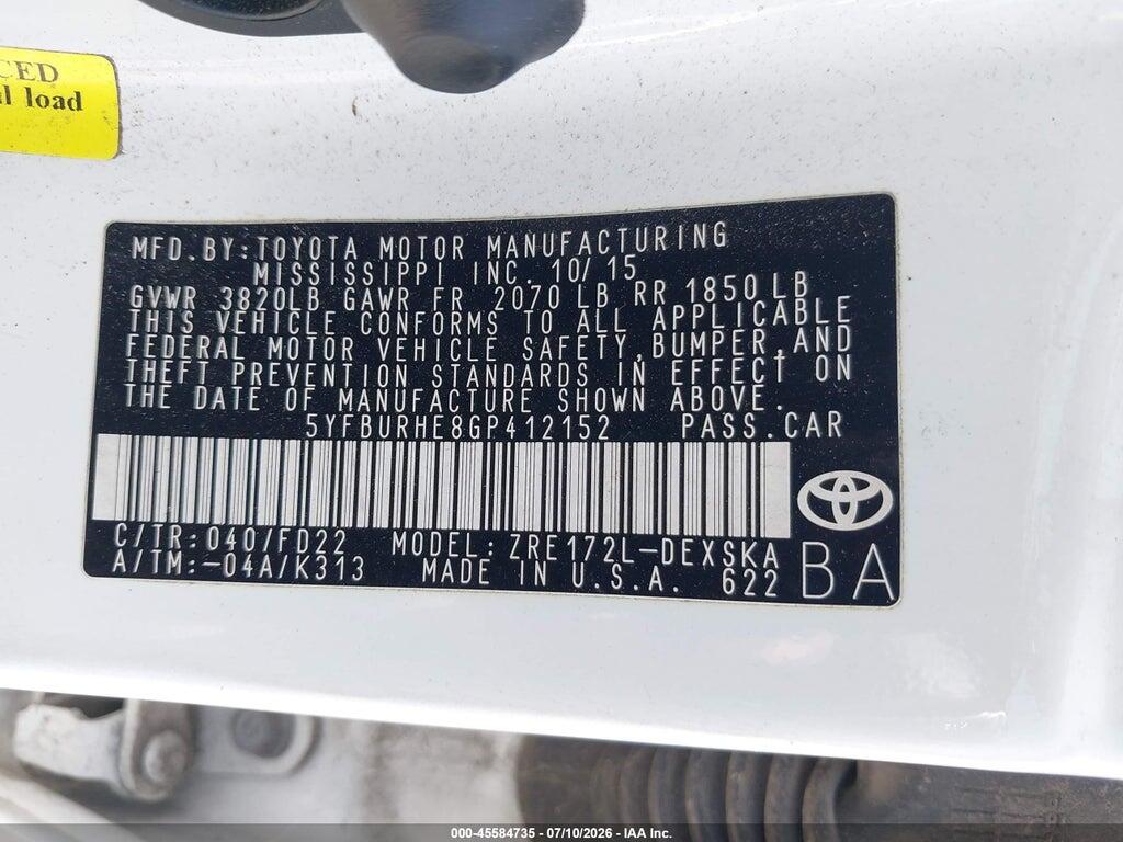 5YFBURHE8GP412152 2016 TOYOTA COROLLA photo no. 9