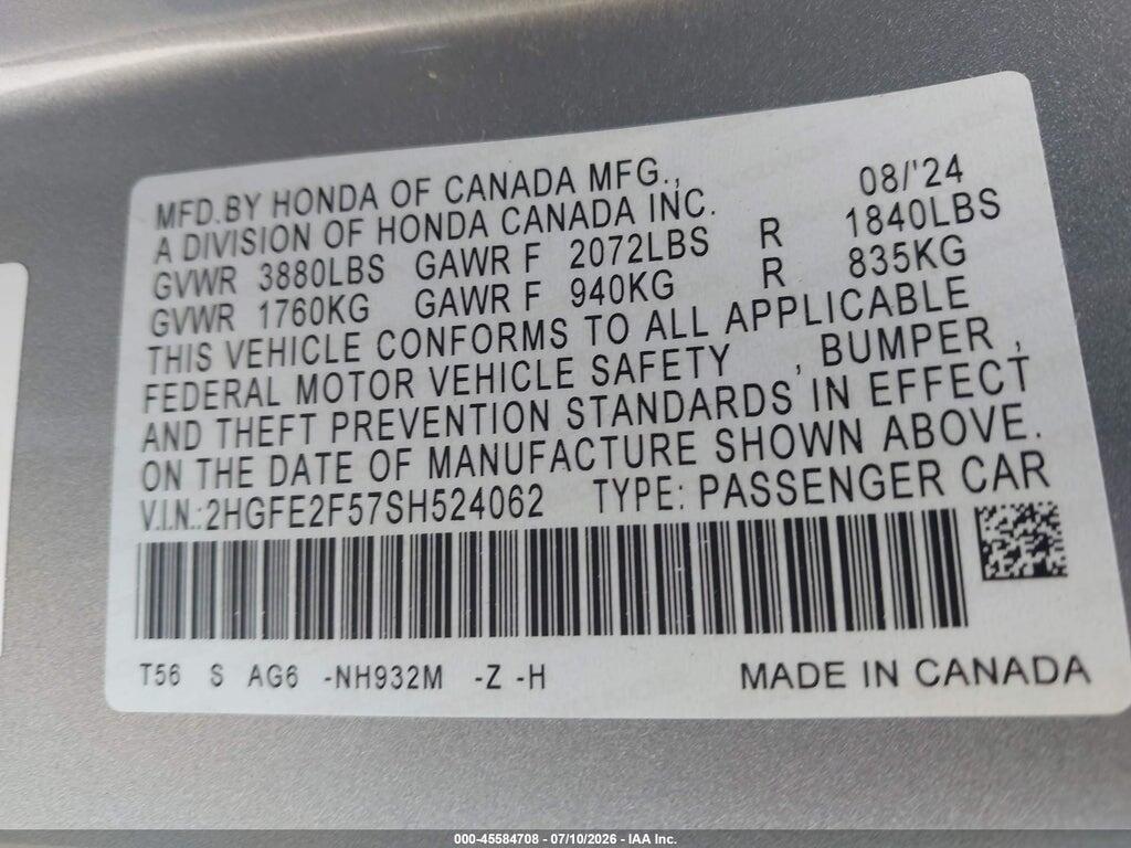 2HGFE2F57SH524062 2025 HONDA CIVIC photo no. 9