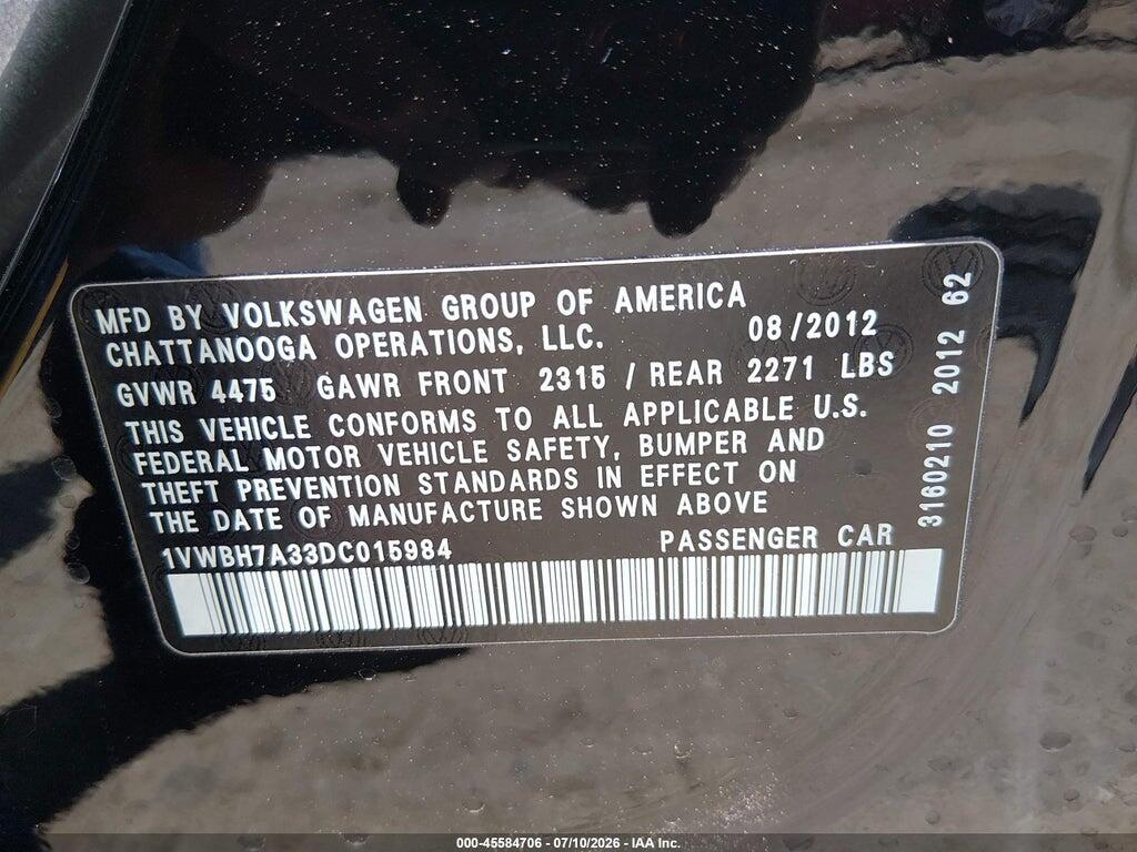 1VWBH7A33DC015984 2013 VOLKSWAGEN PASSAT photo no. 9
