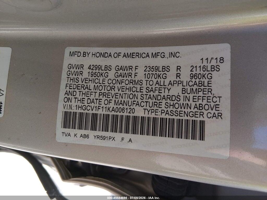 1HGCV1F11KA006120 2019 HONDA ACCORD photo no. 9