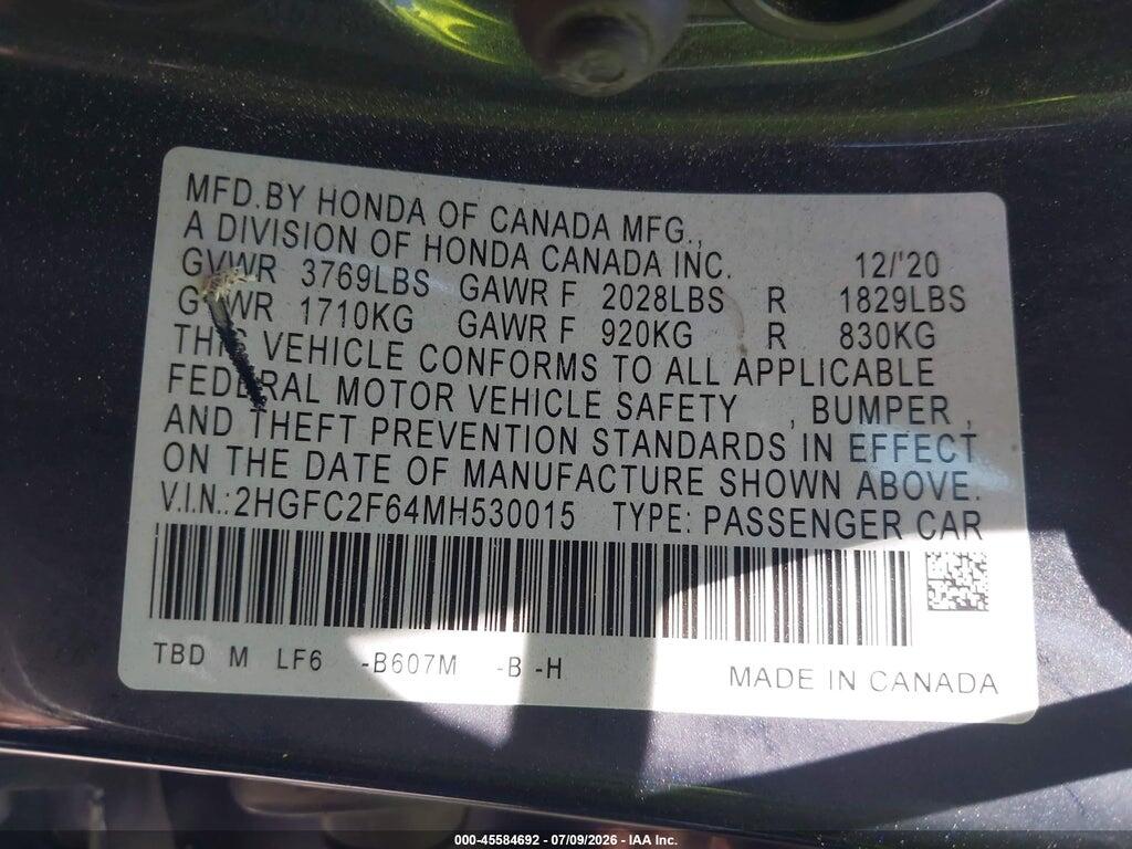 2HGFC2F64MH530015 2021 HONDA CIVIC photo no. 9