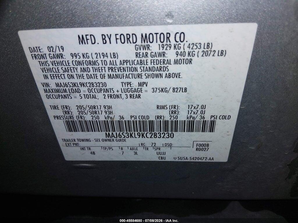 MAJ6S3KL9KC283230 2019 FORD ECOSPORT photo no. 9