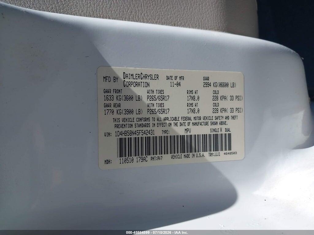 1D48B58N45F542431 2005 DODGE DURANGO photo no. 9