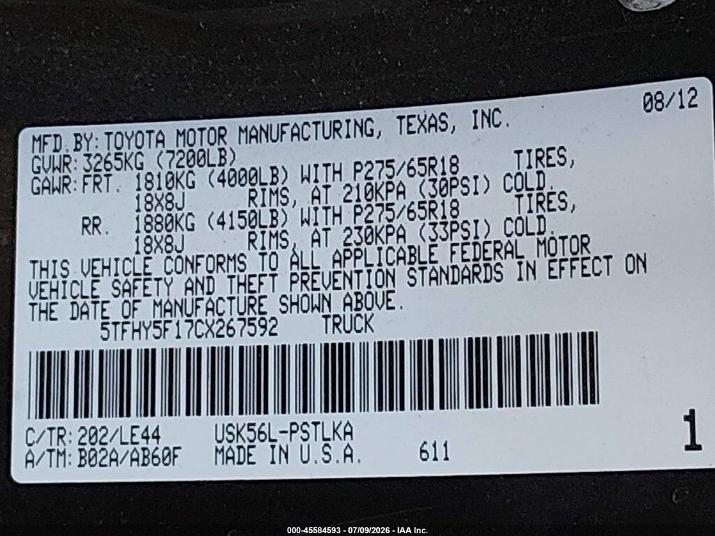 5TFHY5F17CX267592 2012 TOYOTA TUNDRA photo no. 9