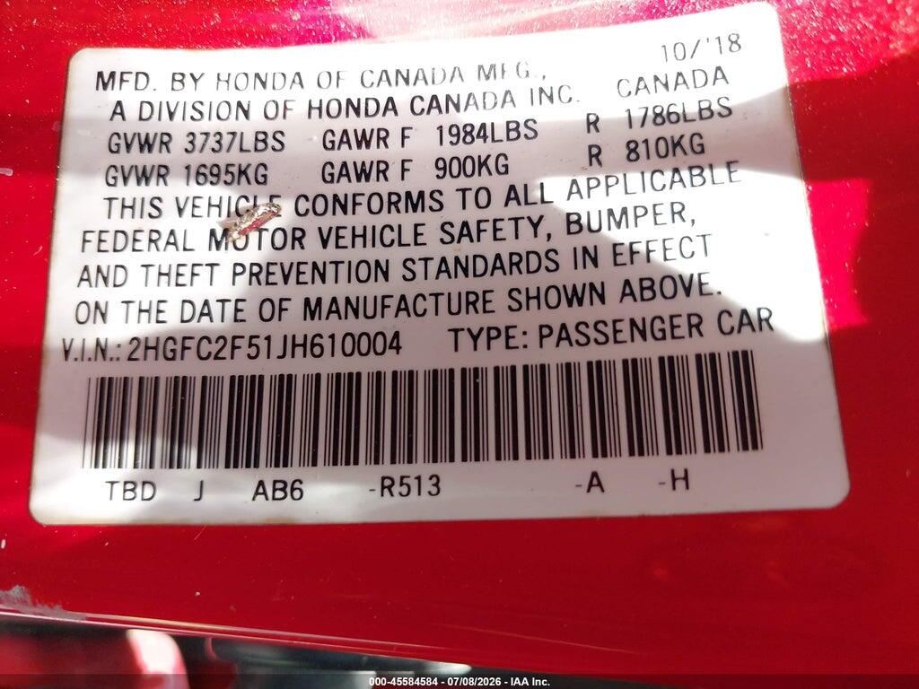 2HGFC2F51JH610004 2018 HONDA CIVIC photo no. 9