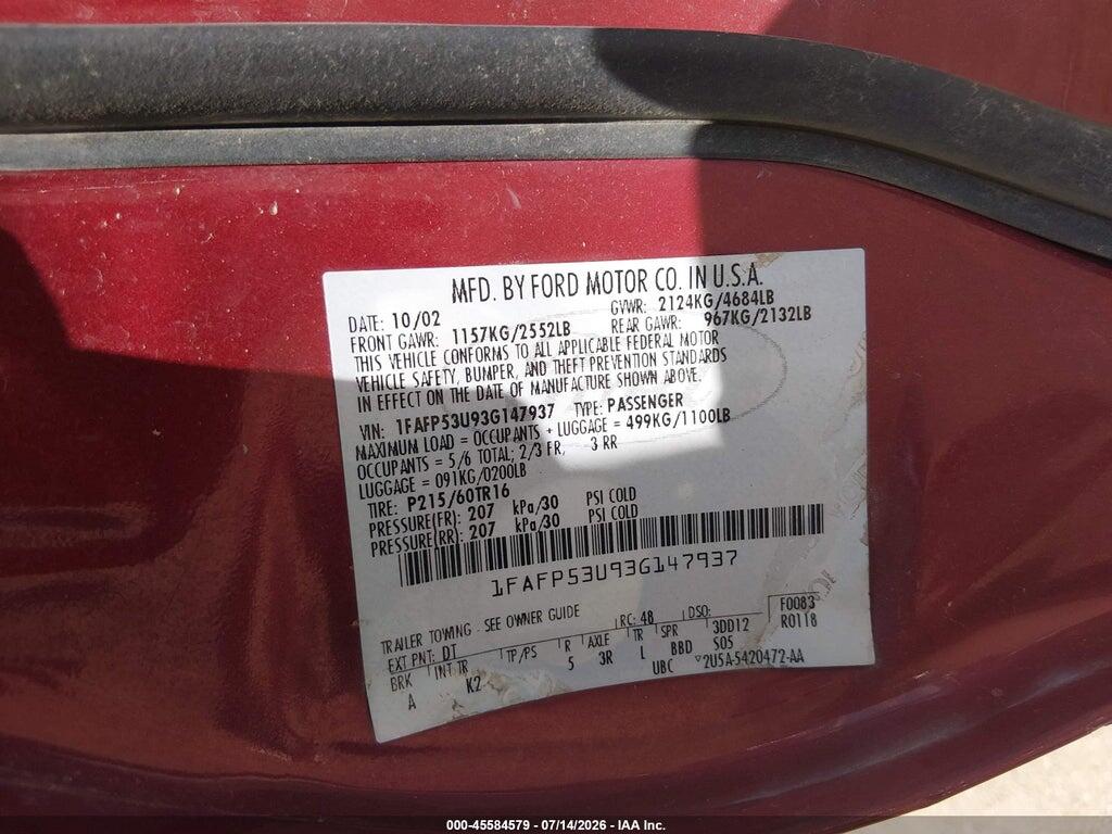 1FAFP53U93G147937 2003 FORD TAURUS photo no. 9