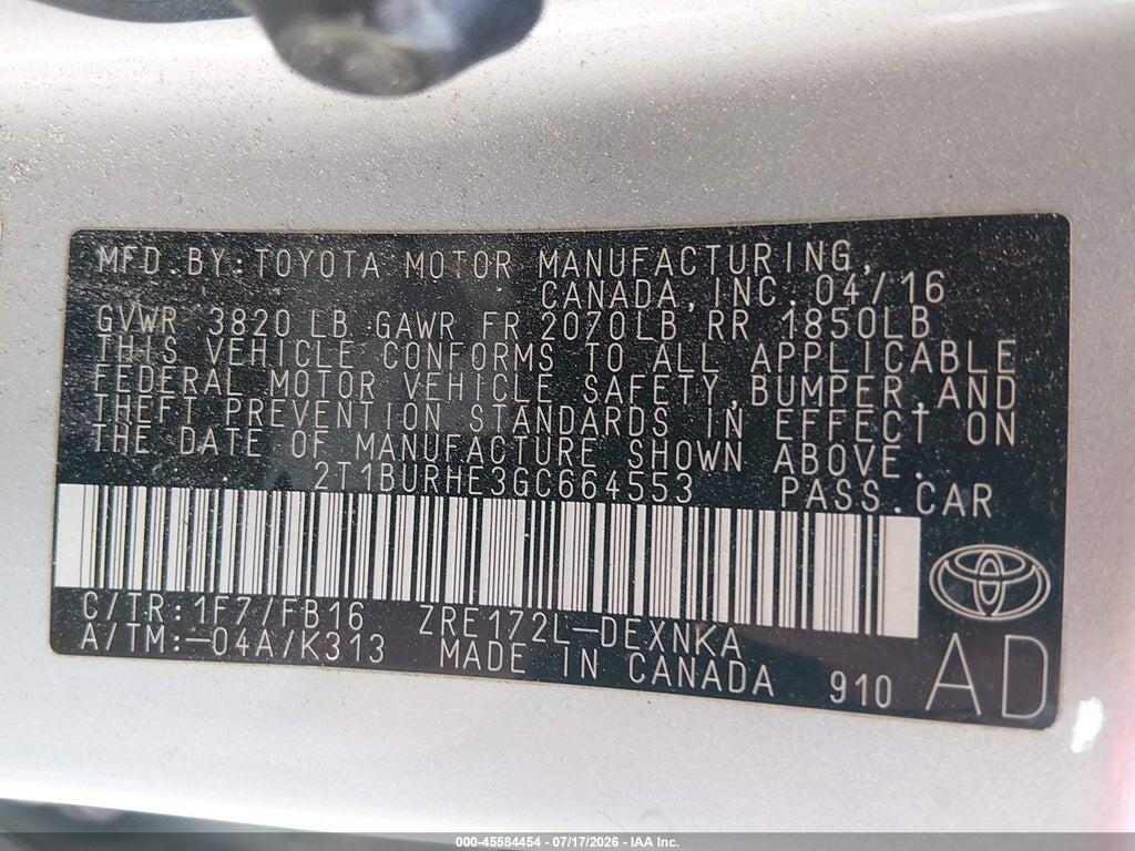 2T1BURHE3GC664553 2016 TOYOTA COROLLA photo no. 9