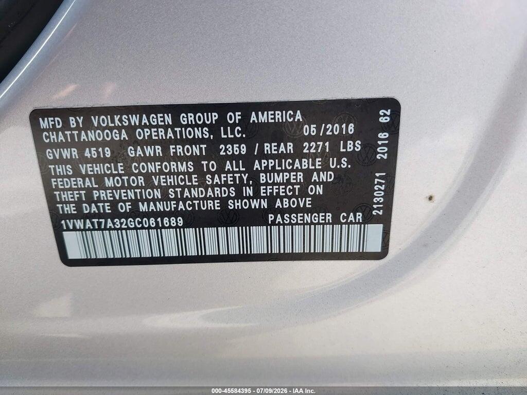 1VWAT7A32GC061689 2016 VOLKSWAGEN PASSAT photo no. 9