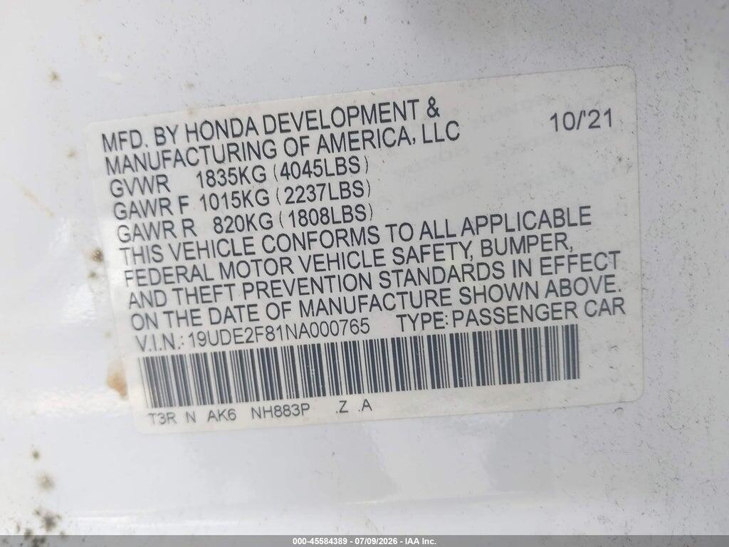 19UDE2F81NA000765 2022 ACURA ILX photo no. 9