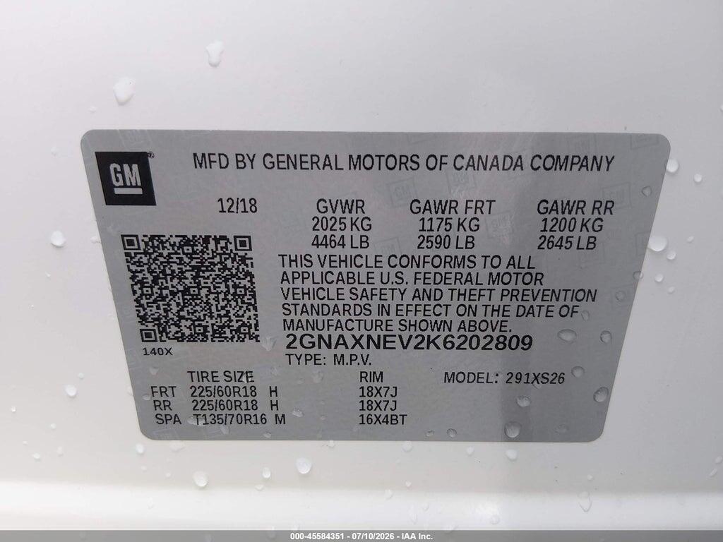 2GNAXNEV2K6202809 2019 CHEVROLET EQUINOX photo no. 9