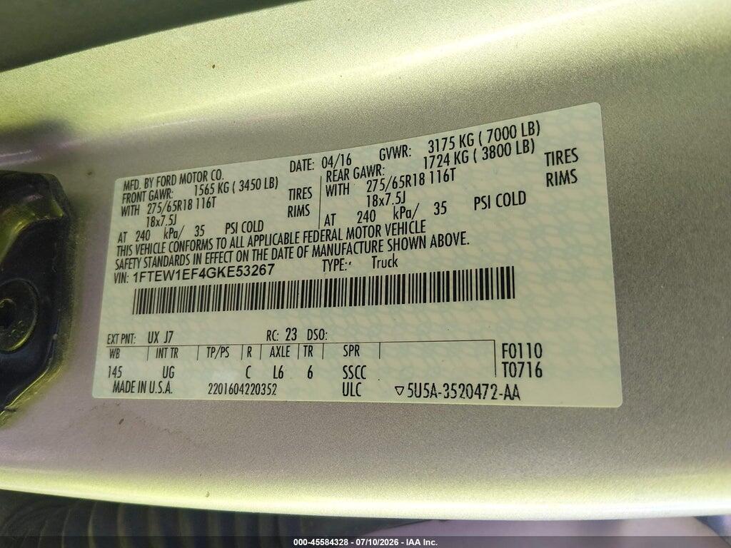 1FTEW1EF4GKE53267 2016 FORD F-150 photo no. 9