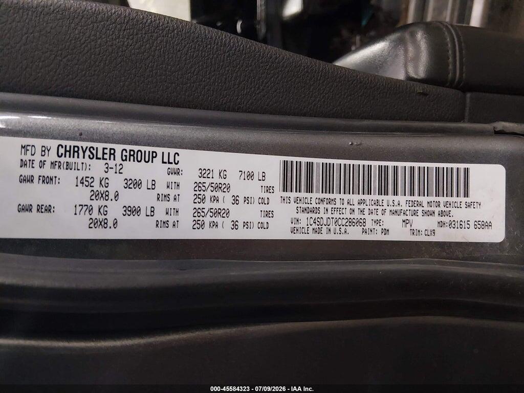 1C4SDJDT0CC286068 2012 DODGE DURANGO photo no. 9