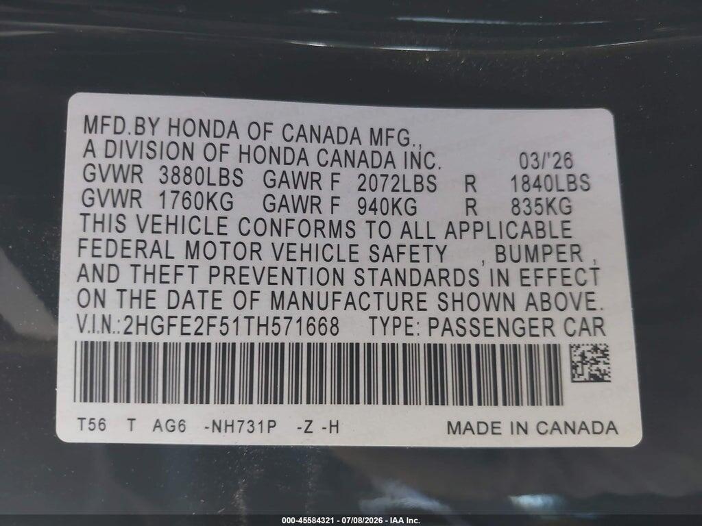 2HGFE2F51TH571668 2026 HONDA CIVIC photo no. 9