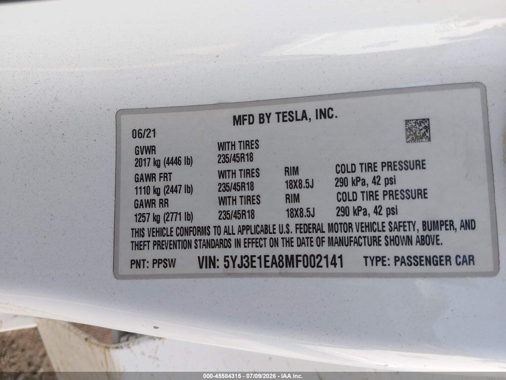 5YJ3E1EA8MF002141 2021 TESLA MODEL 3 photo no. 9