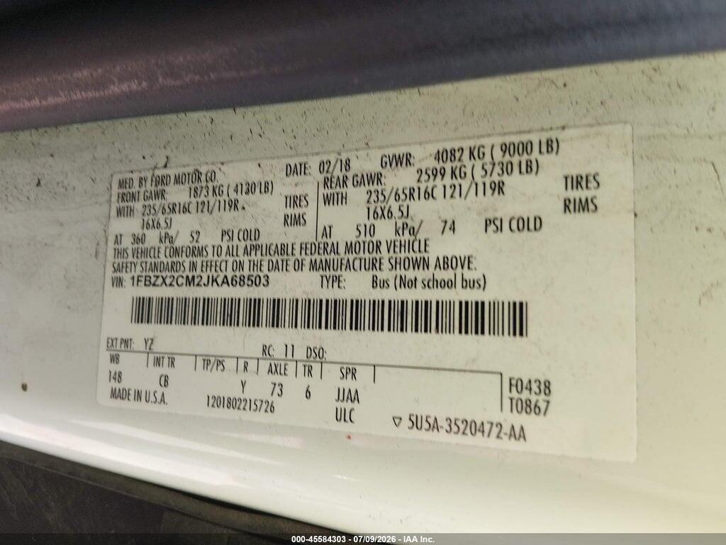 1FBZX2CM2JKA68503 2018 FORD TRANSIT-350 photo no. 9