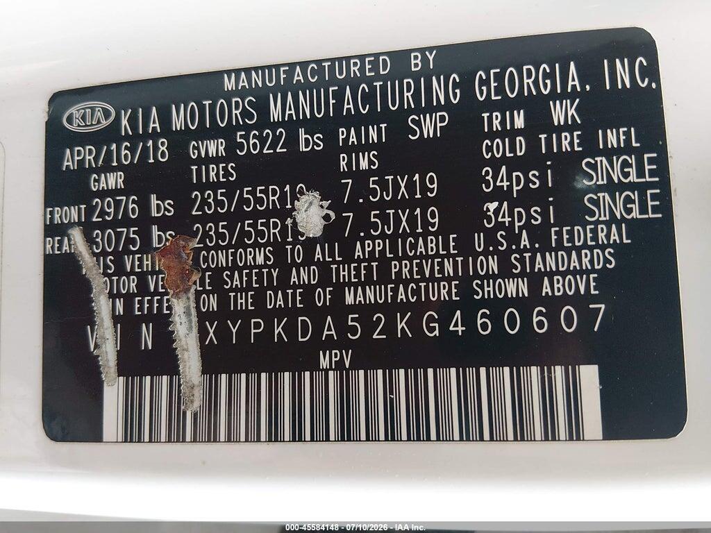 5XYPKDA52KG460607 2019 KIA SORENTO photo no. 9