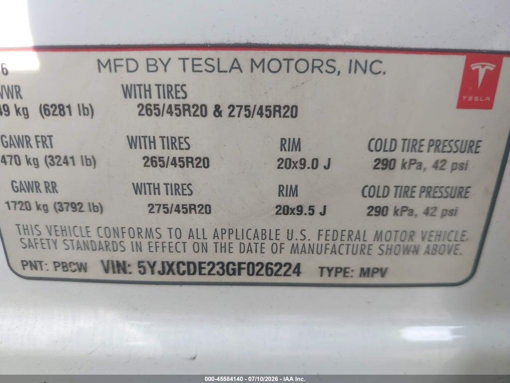 5YJXCDE23GF026224 2016 TESLA MODEL X photo no. 9
