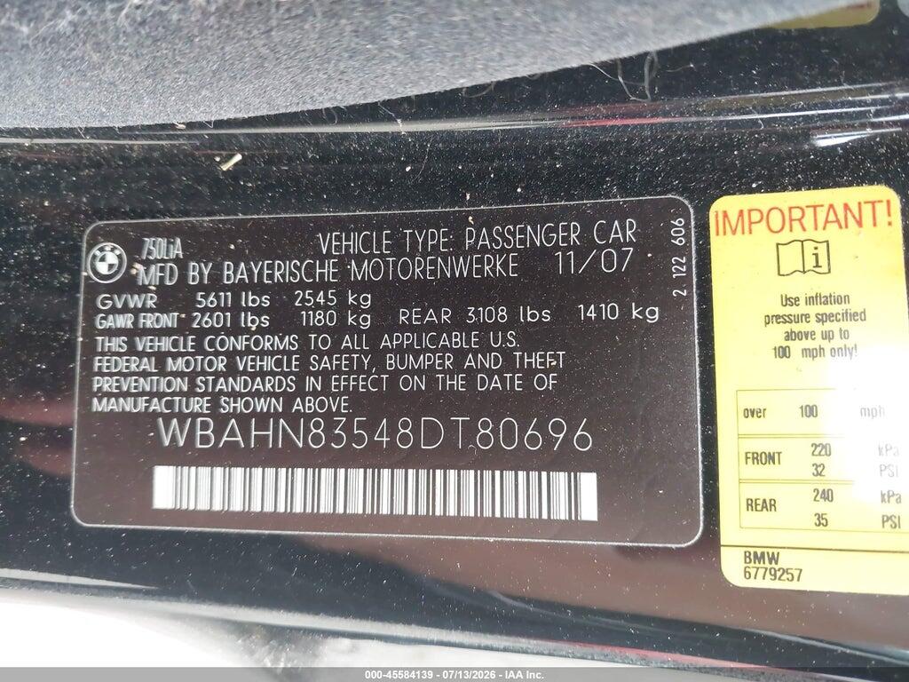 WBAHN83548DT80696 2008 BMW 750LI photo no. 9