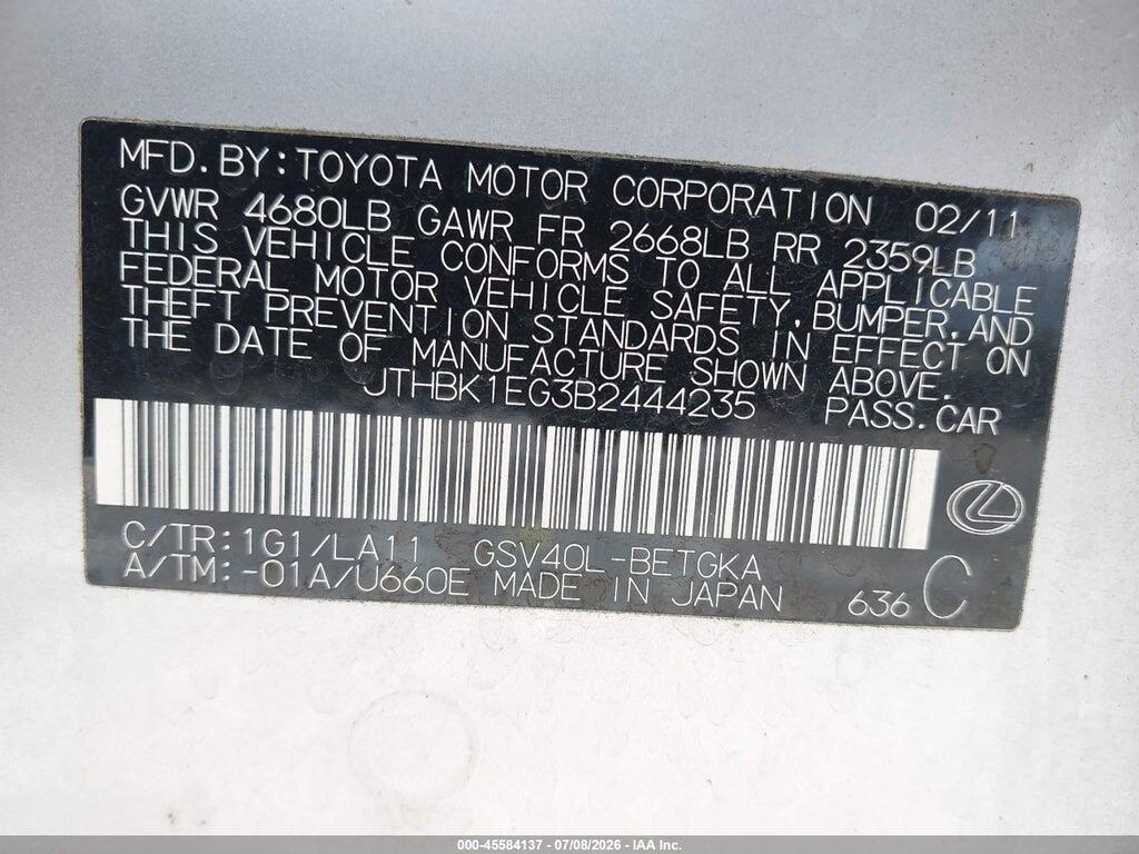 JTHBK1EG3B2444235 2011 LEXUS ES 350 photo no. 9