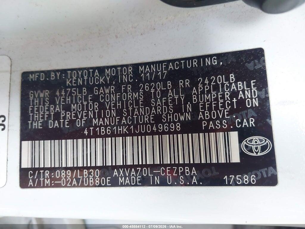 4T1B61HK1JU049698 2018 TOYOTA CAMRY photo no. 9