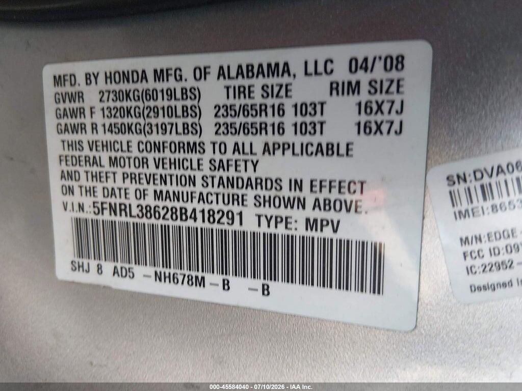 5FNRL38628B418291 2008 HONDA ODYSSEY photo no. 9