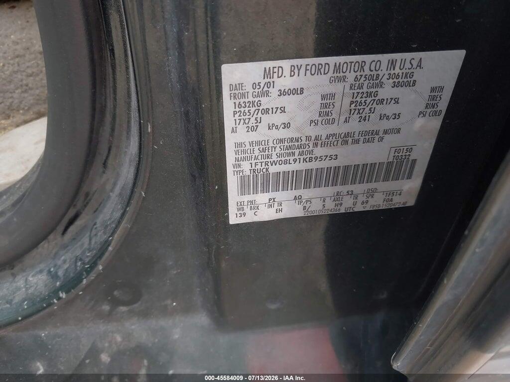1FTRW08L91KB95753 2001 FORD F-150 photo no. 9
