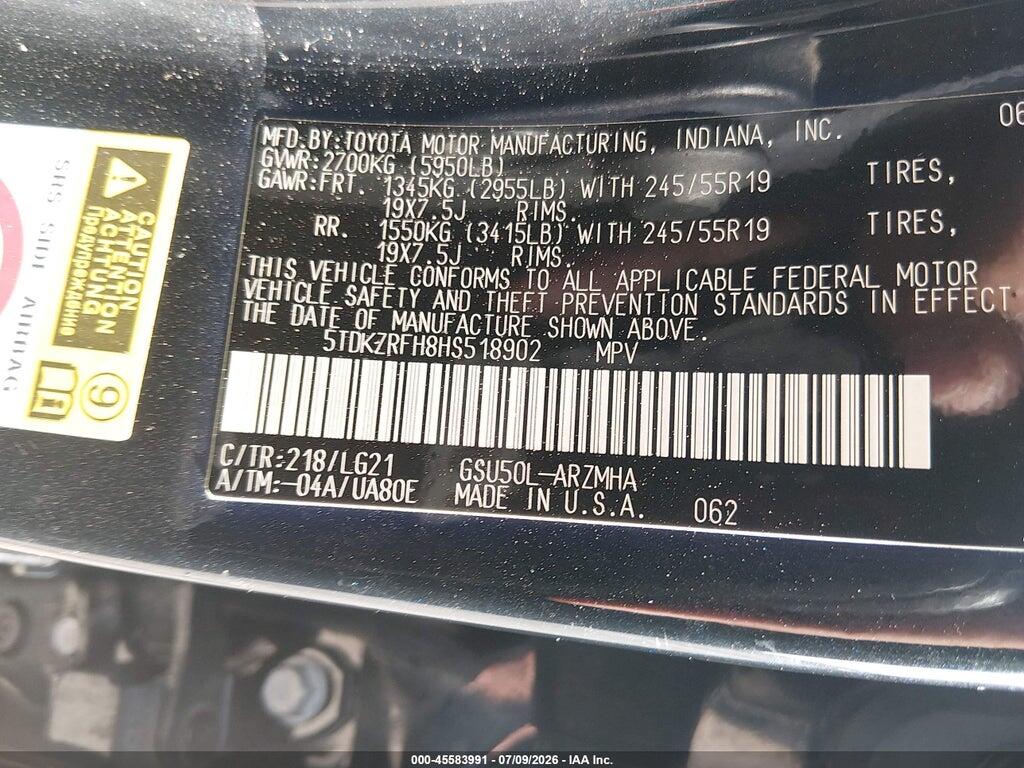 5TDKZRFH8HS518902 2017 TOYOTA HIGHLANDER photo no. 9