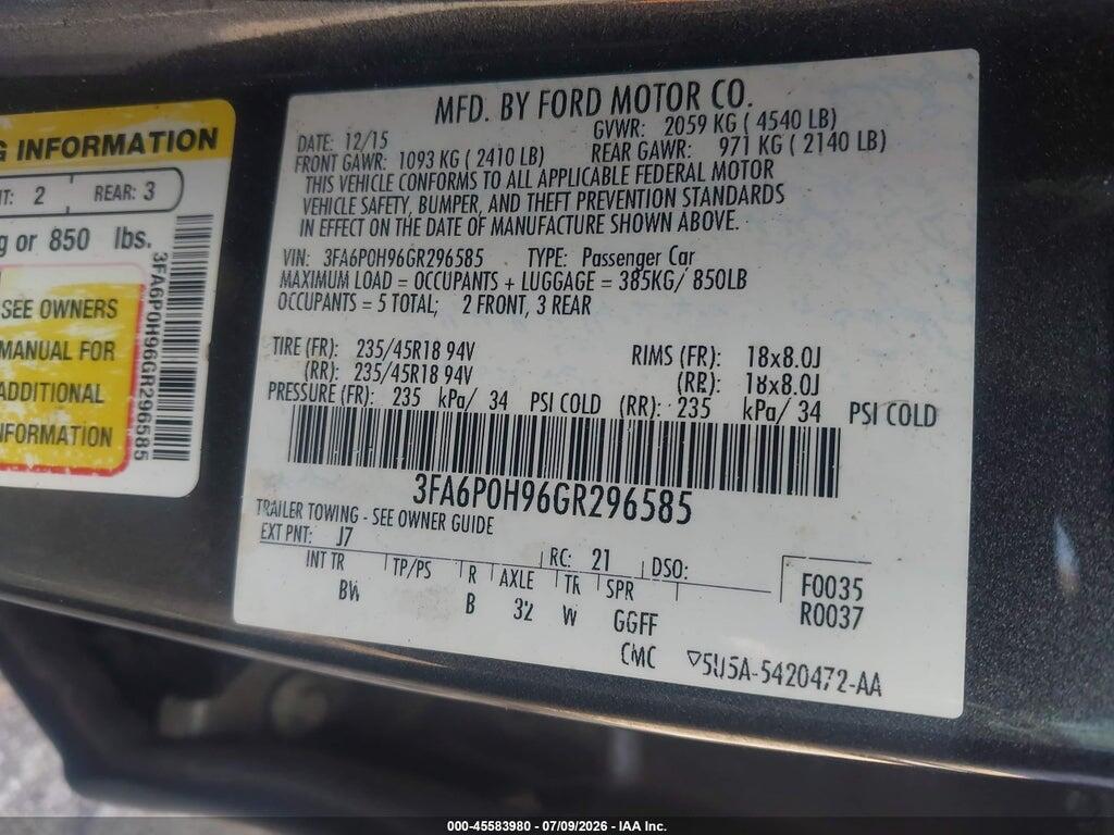 3FA6P0H96GR296585 2016 FORD FUSION photo no. 9