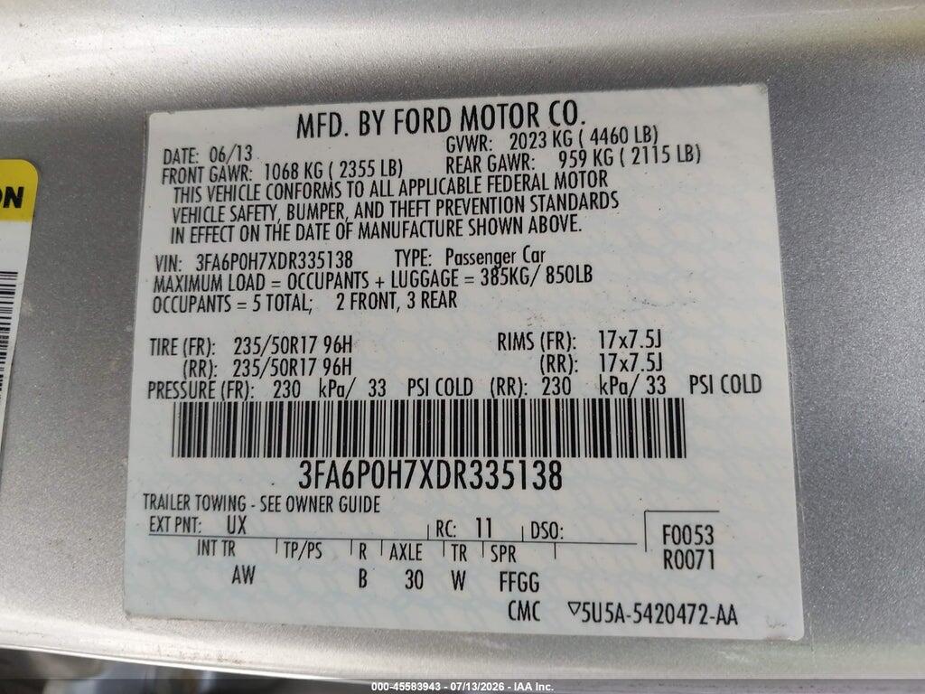 3FA6P0H7XDR335138 2013 FORD FUSION photo no. 9