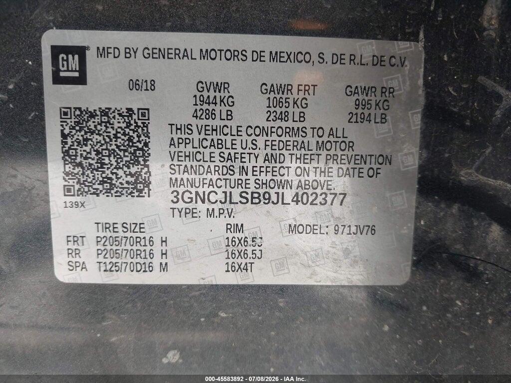 3GNCJLSB9JL402377 2018 CHEVROLET TRAX photo no. 9