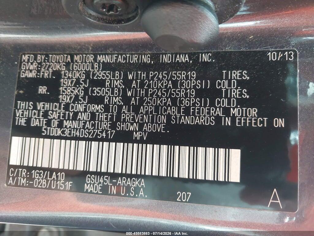 5TDDK3EH4DS275417 2013 TOYOTA HIGHLANDER photo no. 9