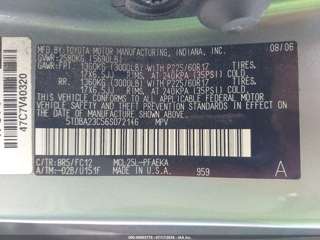5TDBA23C56S072146 2006 TOYOTA SIENNA photo no. 9