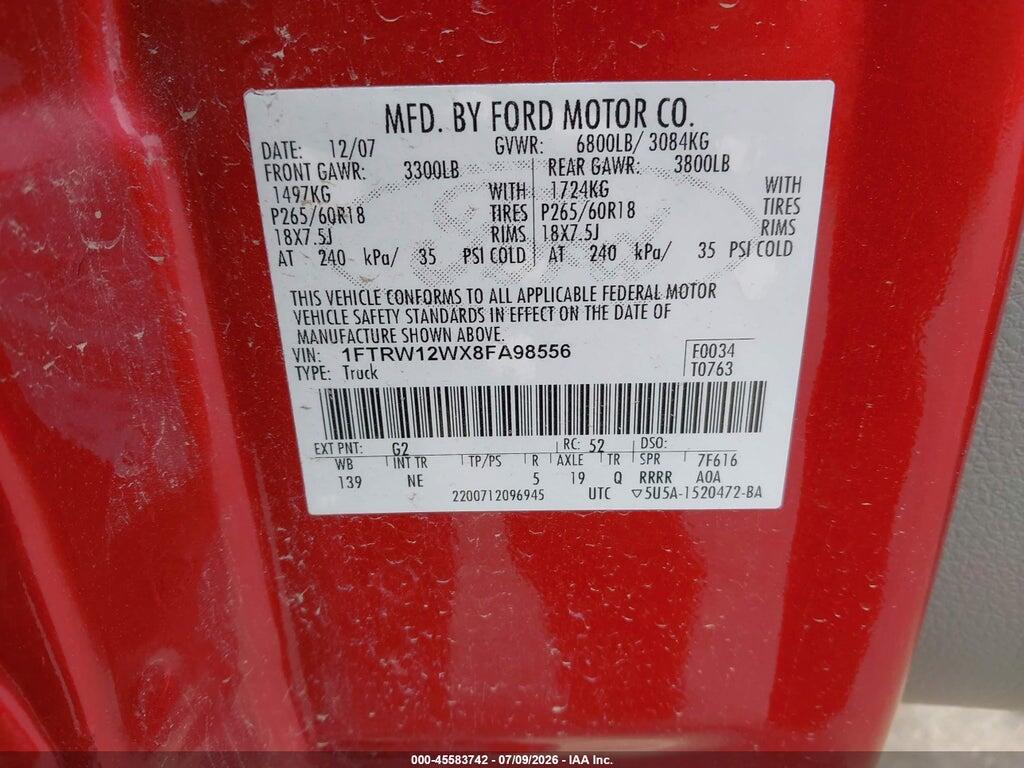 1FTRW12WX8FA98556 2008 FORD F-150 photo no. 9