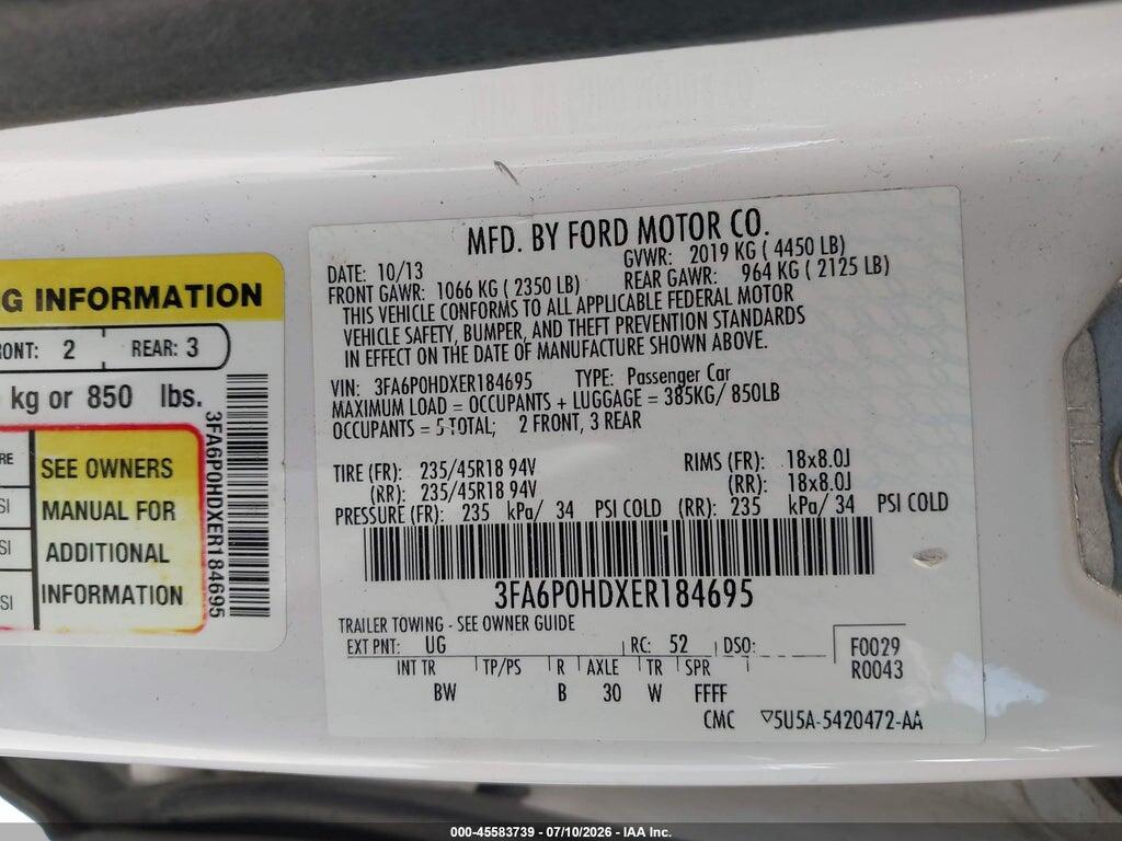 3FA6P0HDXER184695 2014 FORD FUSION photo no. 9