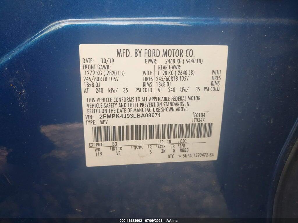 2FMPK4J93LBA08671 2020 FORD EDGE photo no. 9