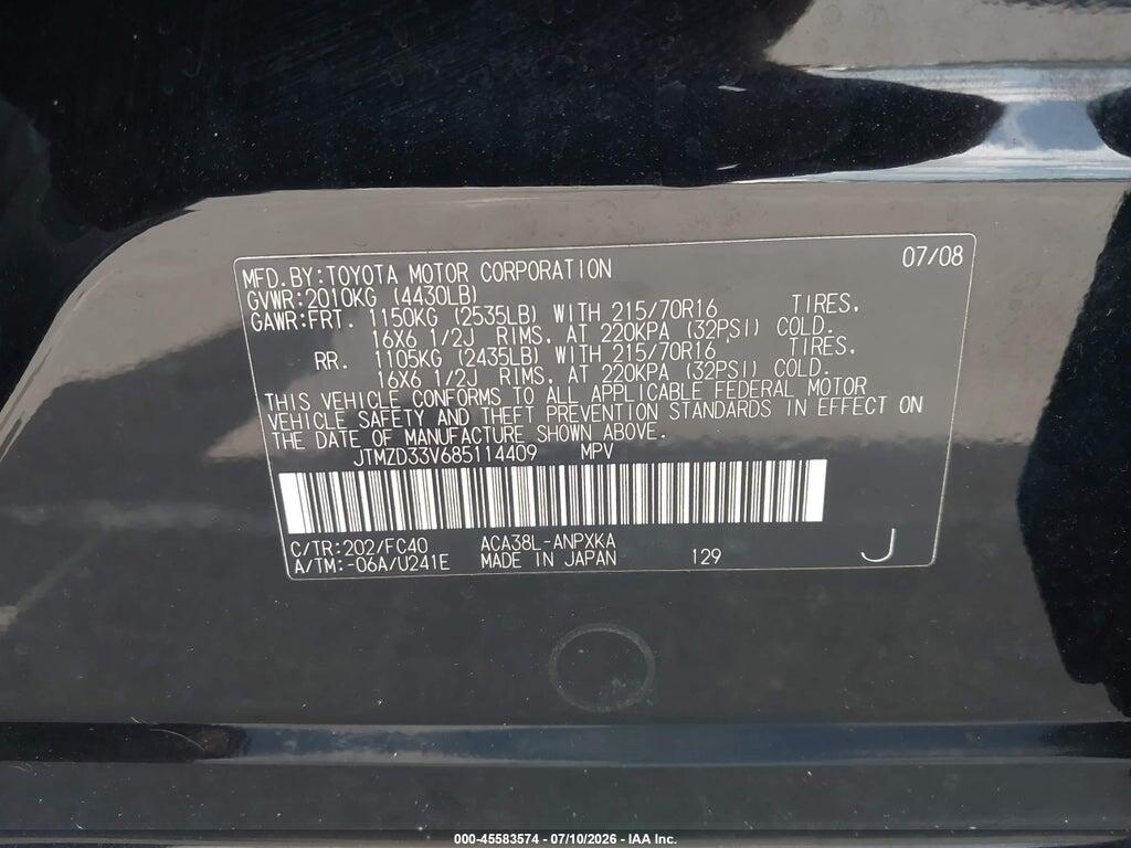 JTMZD33V685114409 2008 TOYOTA RAV4 photo no. 9