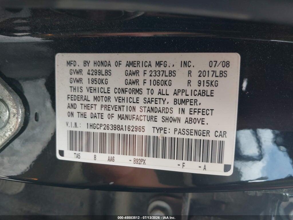 1HGCP26398A162965 2008 HONDA ACCORD photo no. 9