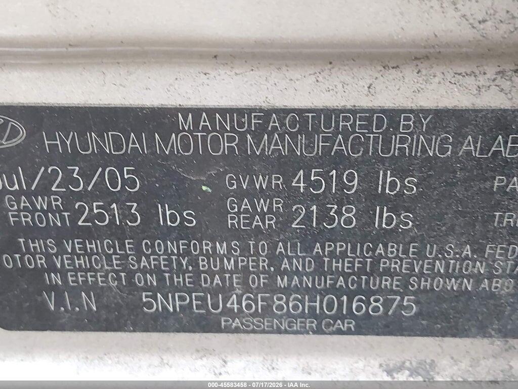 5NPEU46F86H016875 2006 HYUNDAI SONATA photo no. 9