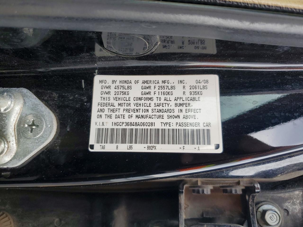 1HGCP36848A060281 2008 HONDA ACCORD photo no. 12