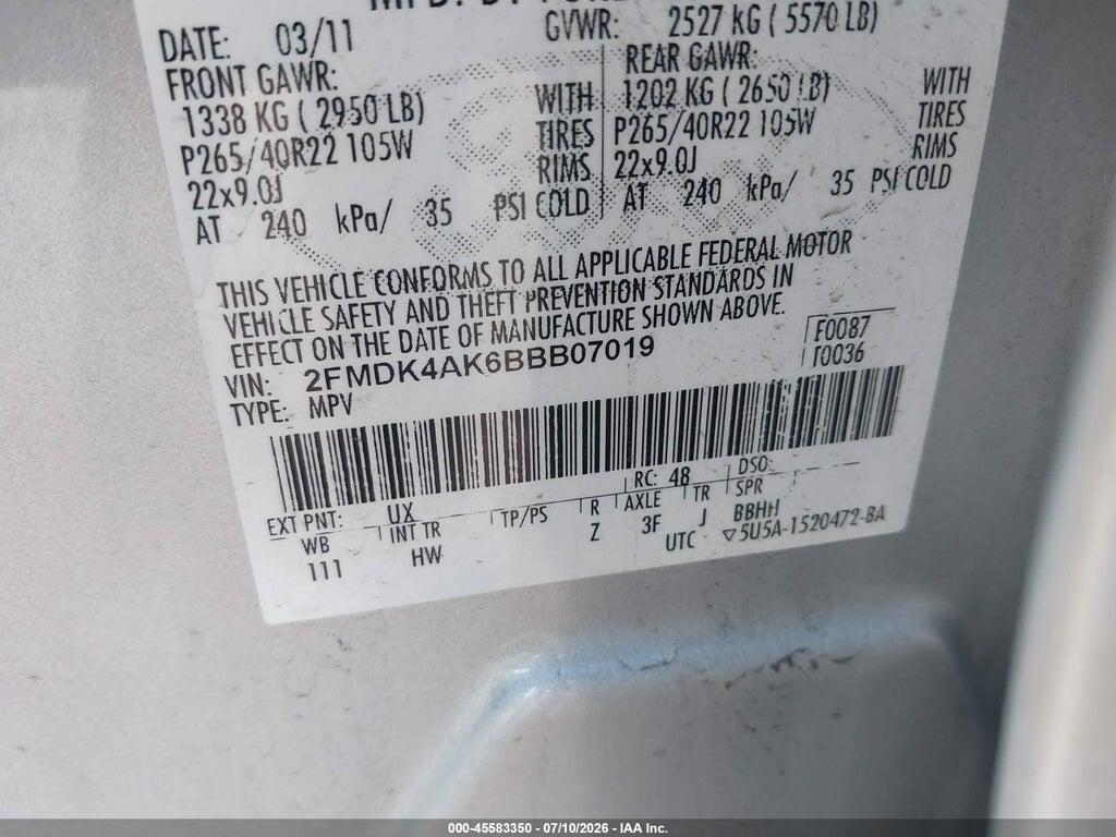 2FMDK4AK6BBB07019 2011 FORD EDGE photo no. 9