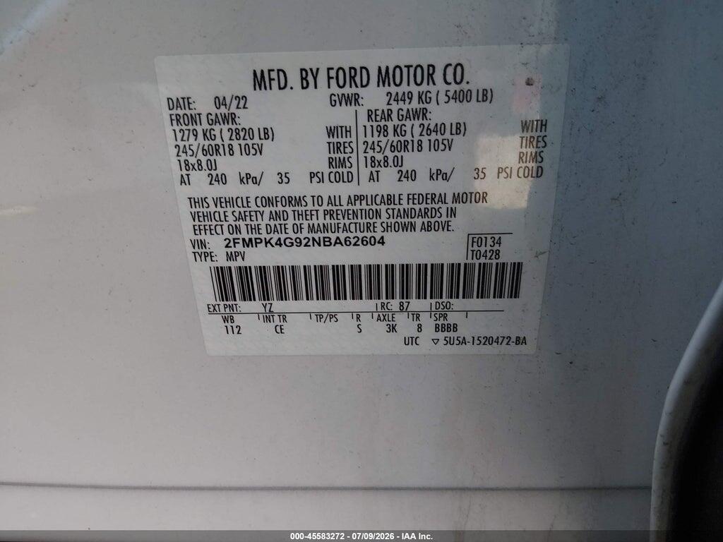 2FMPK4G92NBA62604 2022 FORD EDGE photo no. 9